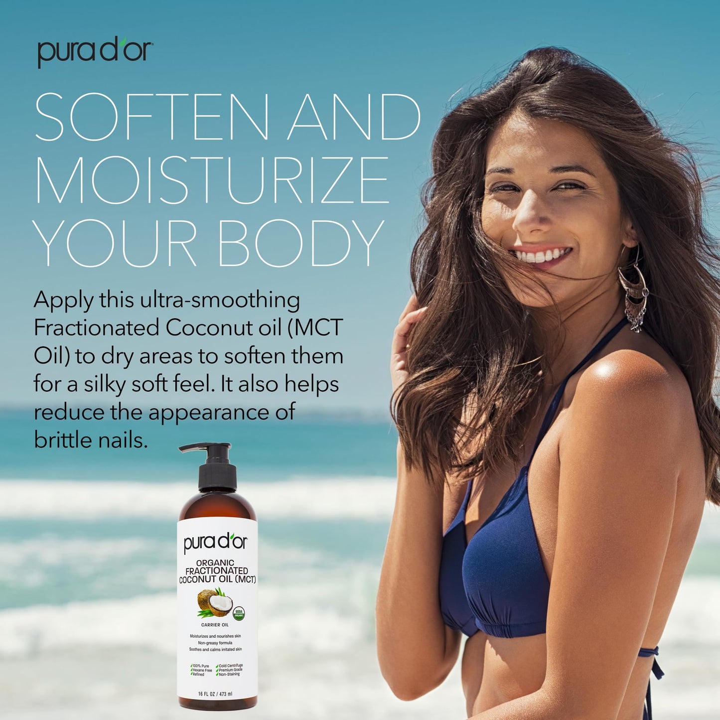 PURA D'OR ORGANIC Fractionated Coconut Oil MCT Oil (16 Oz) 100% Pure & Natural USDA Certified