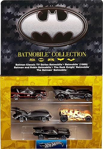 Hot Wheels 1:64 Scale Die-Cast Toy Cars, Set of 5 Batman 85th Anniversary Vehicles Featuring 5 Different Batmobile Replicas in Commemorative Packaging