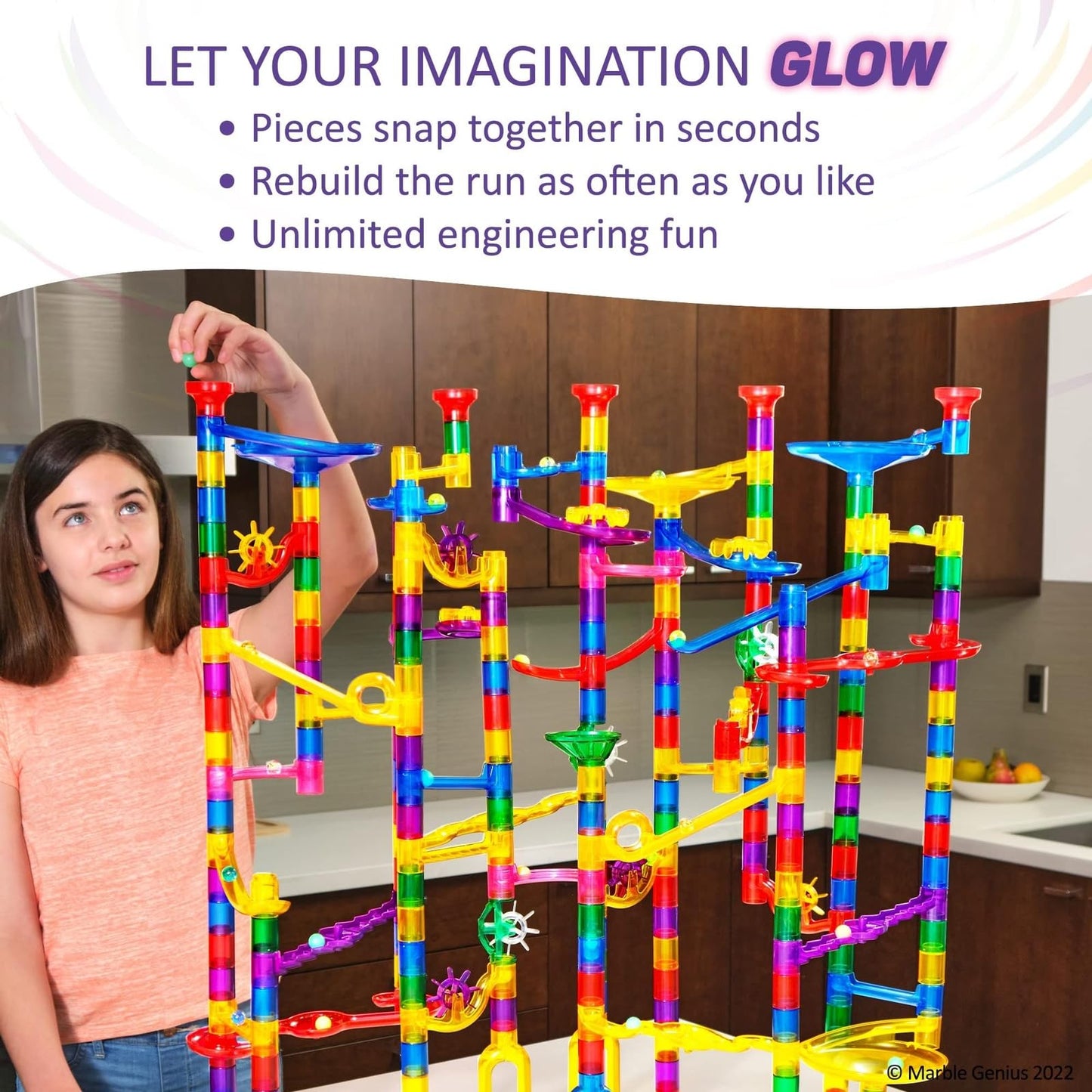 Marble Genius 200pcs Glow Marble Run Super Set – STEM Track Race Building Blocks with Glow-in-the-Dark Marbles & Guide for Kids 4+