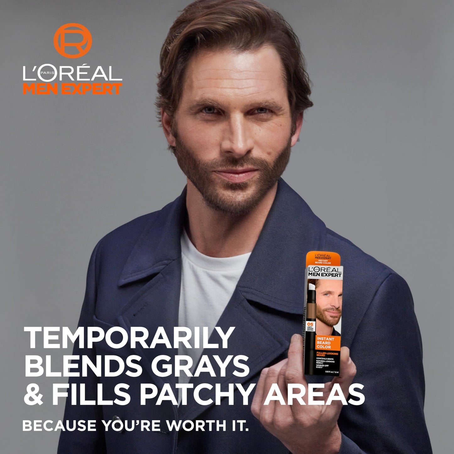 L’Oreal Paris Men Expert Instant Temporary Beard Color, Beard Filler for a Natural and Fuller-Looking Beard, 05 Light Medium Brown, 0.05 Fl Oz