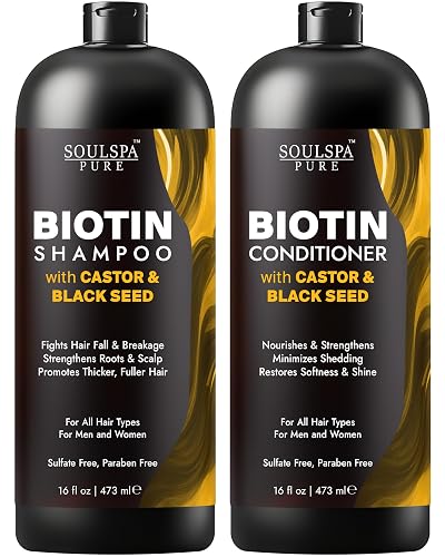 SOULSPA PURE Castor Oil & Black Seed Biotin Shampoo and Conditioner Set - Sulfate Free Nourishing Formula for Thinning Hair & Dry Scalp - Deep