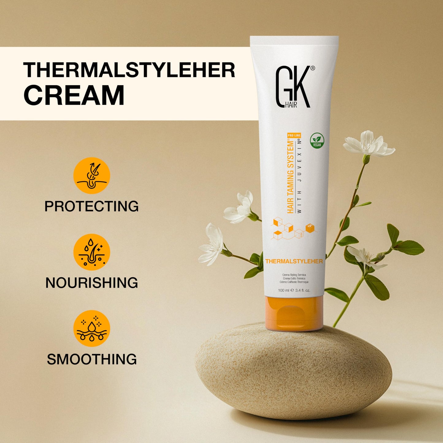 Global Keratin GKhair ThermalStyleHer - 100ml/3.4oz Heat Styling Protection Anti Frizz Hair Cream Thermal Flat Ironing Style Protector for Men & Women