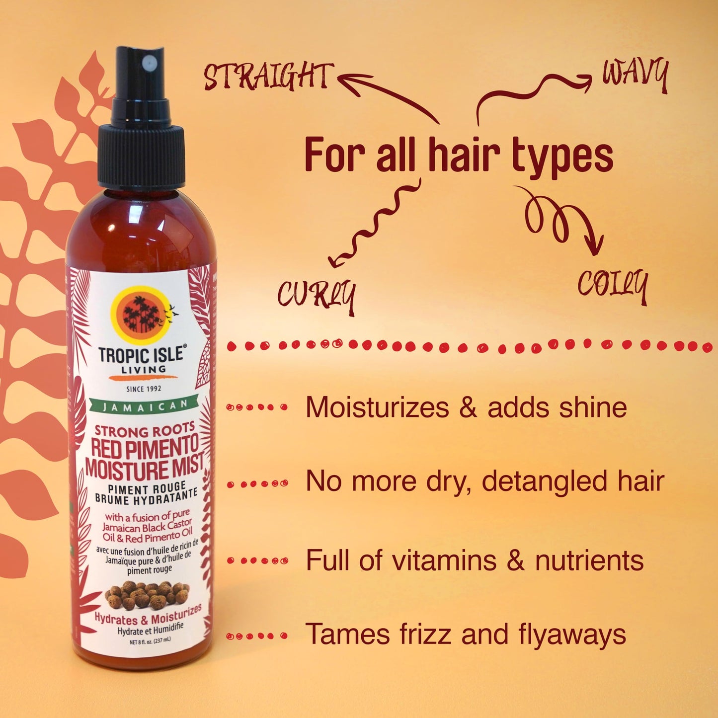 Tropic Isle Living Strong Roots Red Pimento Moisture Mist 8oz | Jamaican Black Castor Oil Promotes Hair Growth, Detangles, Reduces Frizz, Adds Shine