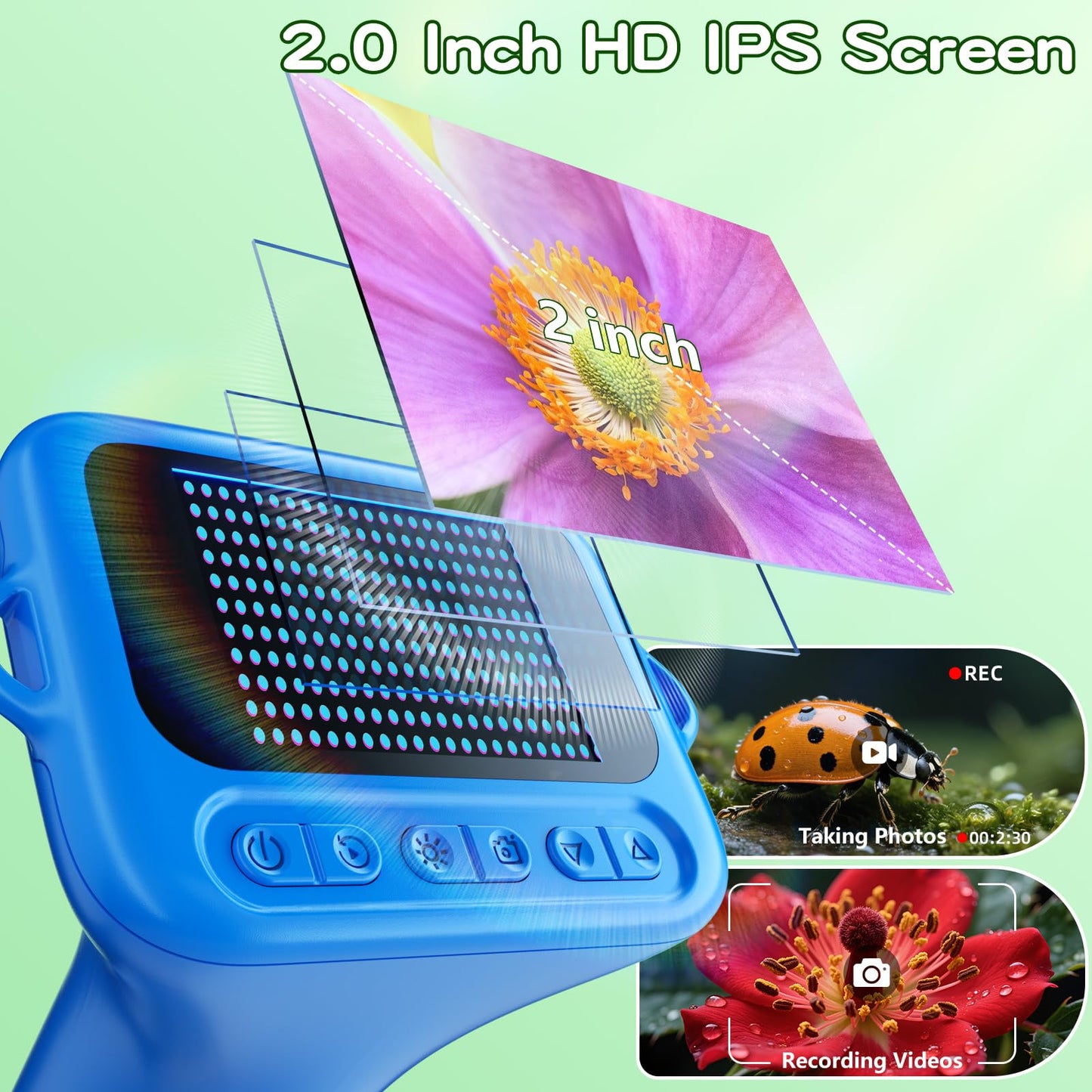 Odatay Kids Microscope – 100x-1000x 1080P Digital Handheld with 12 Slides, Portable Science Toy Gift for Boys & Girls Ages 3–12, Blue