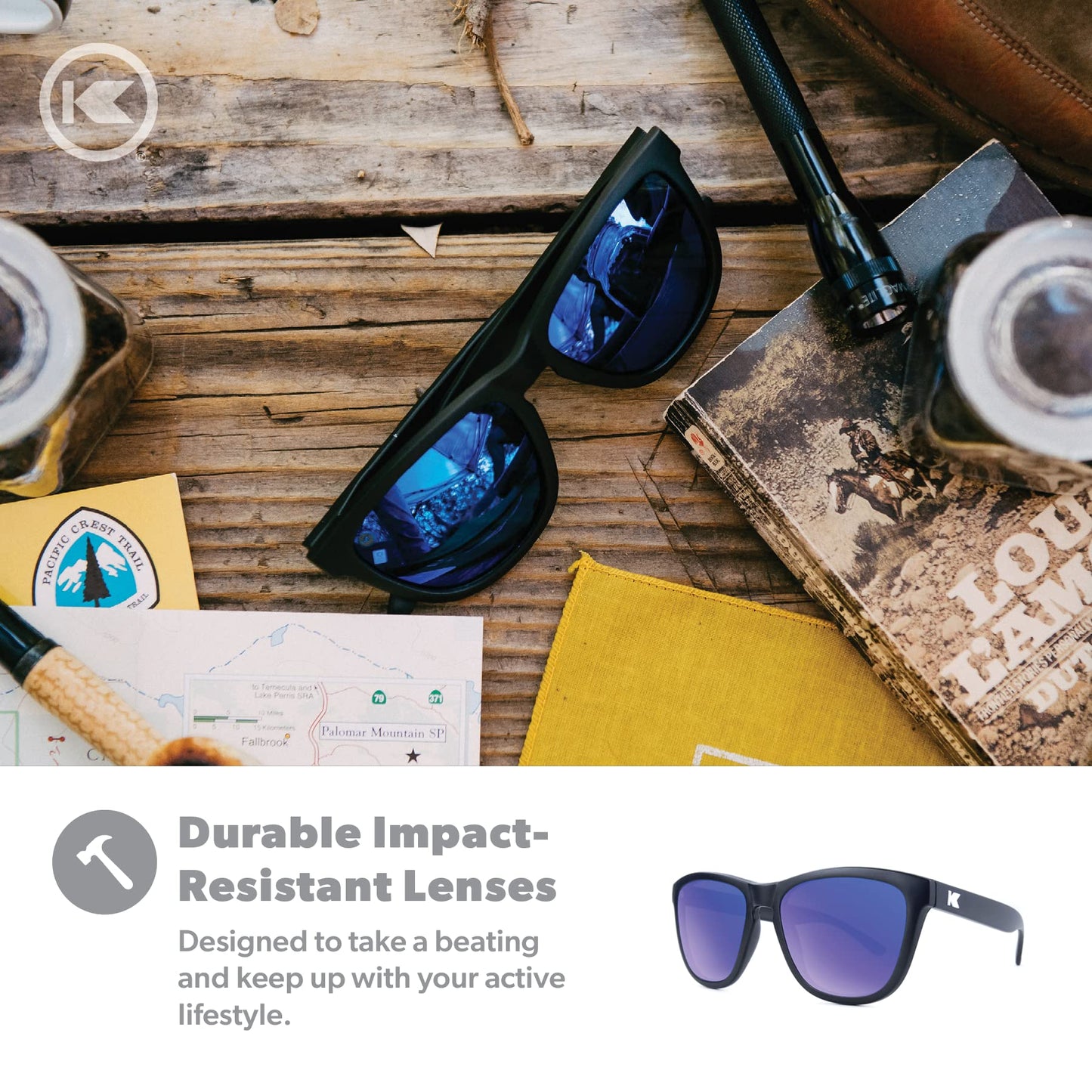 Knockaround Premiums Polarized Sunglasses for Men & Women - Impact Resistant Lenses & Full UV400 Protection, Matte Black Frames/Blue Reflective Lenses