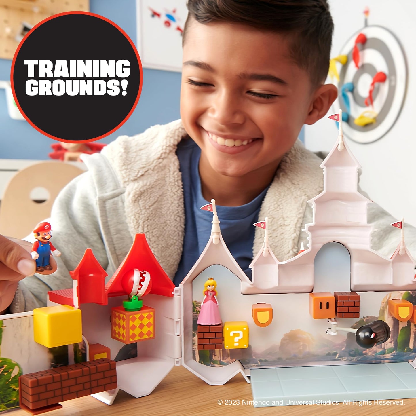 Super Mario Bros. Movie Mushroom Kingdom Castle Playset – Includes 1.25" Mario & Princess Peach Figures, Interactive Training Grounds, Ages 3+