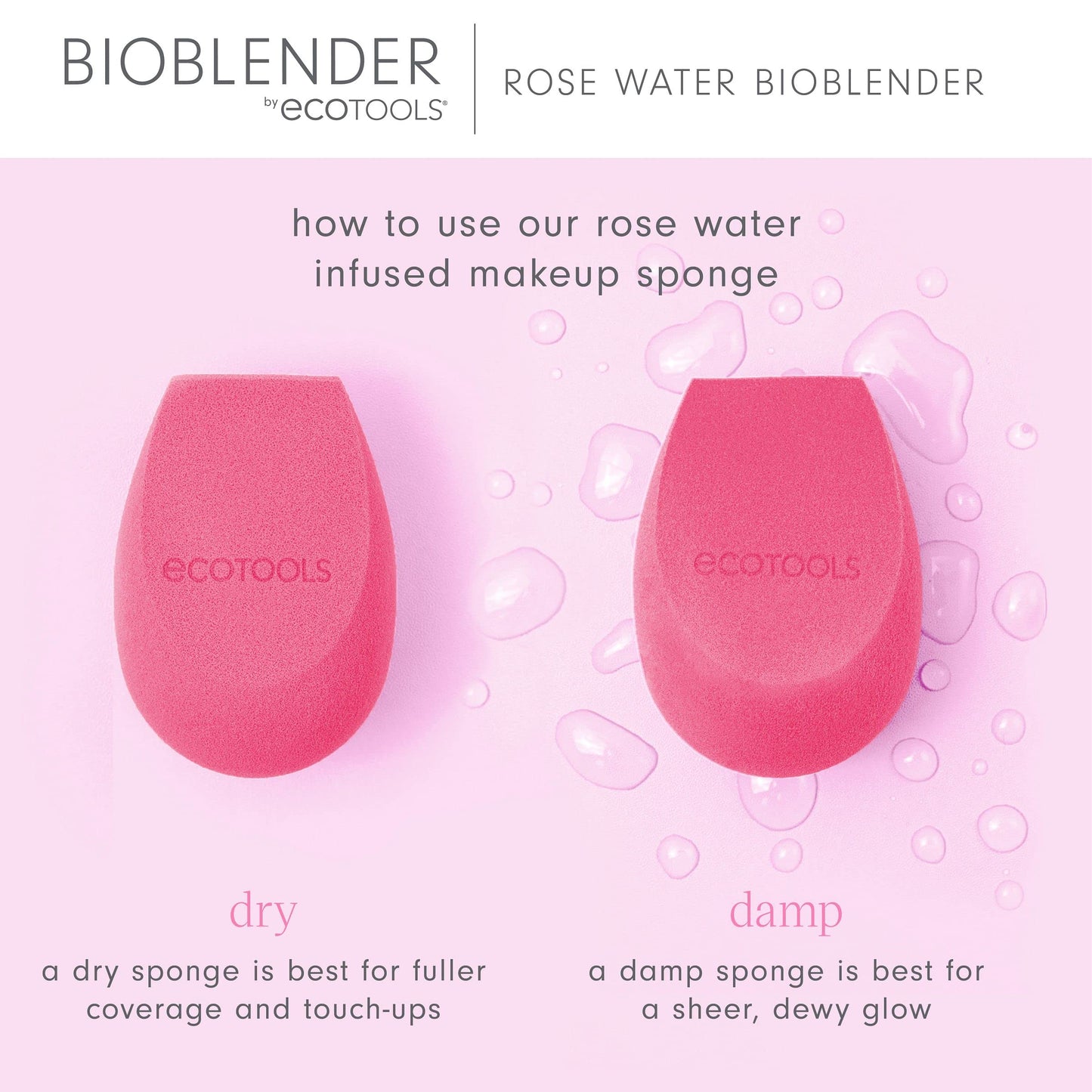 EcoTools Rose Water Bioblender, Compostable Makeup Blending Sponge, For Liquid & Cream Foundation, Base Coverage, Anti-inflammatory Ingredients, Pink