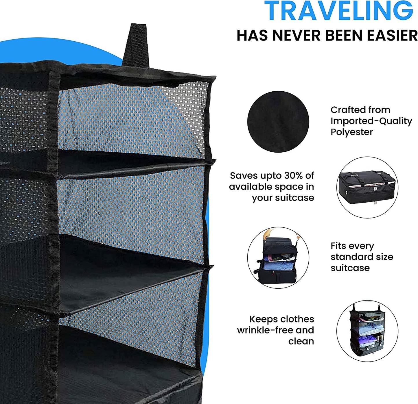 Grand Fusion Stow-N-Go Travel Luggage Organizer XL – Portable Hanging Packing Cubes & Carry-On Closet Organizer for Cruises & Hotels, Black