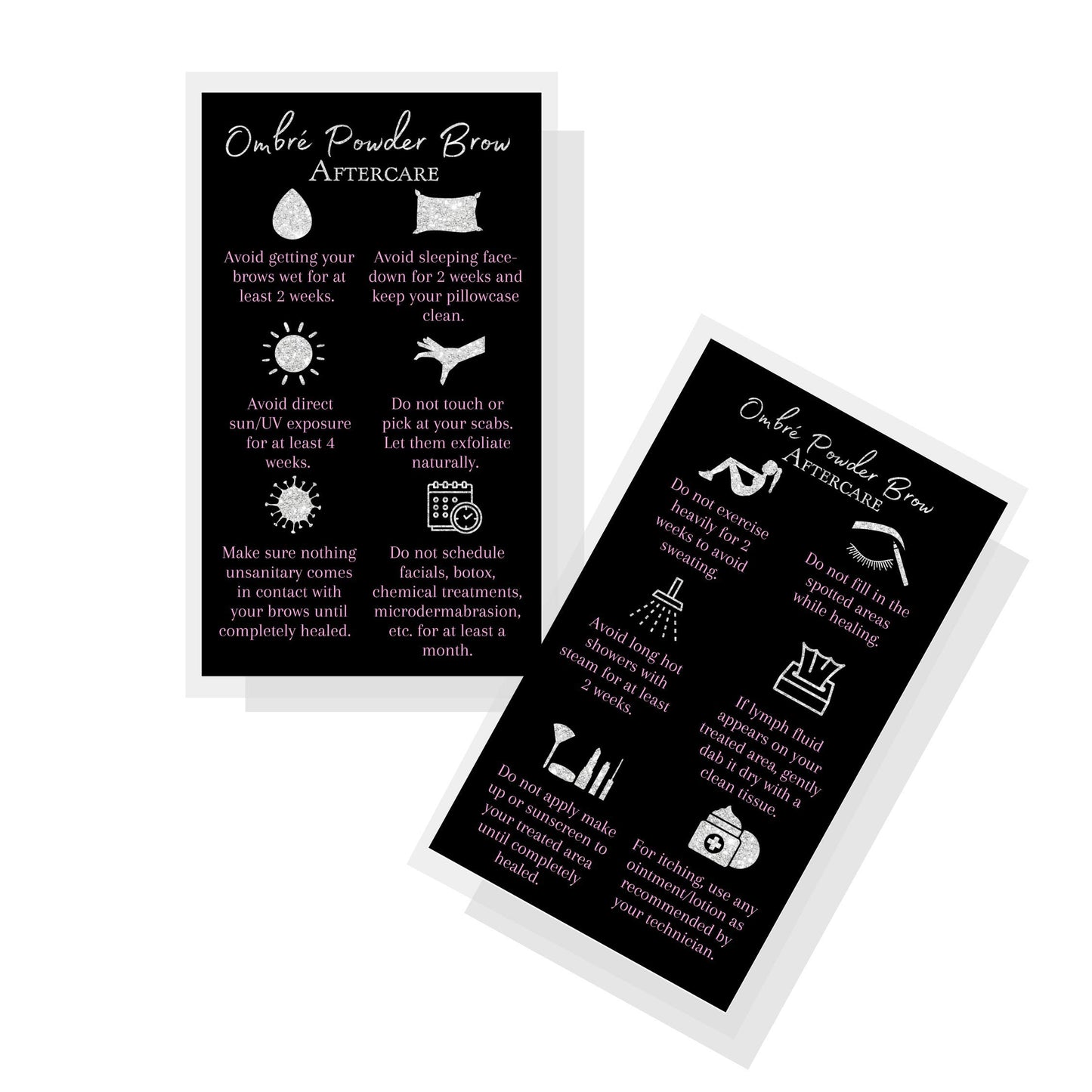 Ombre Powder Brow Aftercare Instructions Cards | Package of 50 | Size 2x3.5" inches Business Card | Black, Silver Glitter, and Light Pink Design