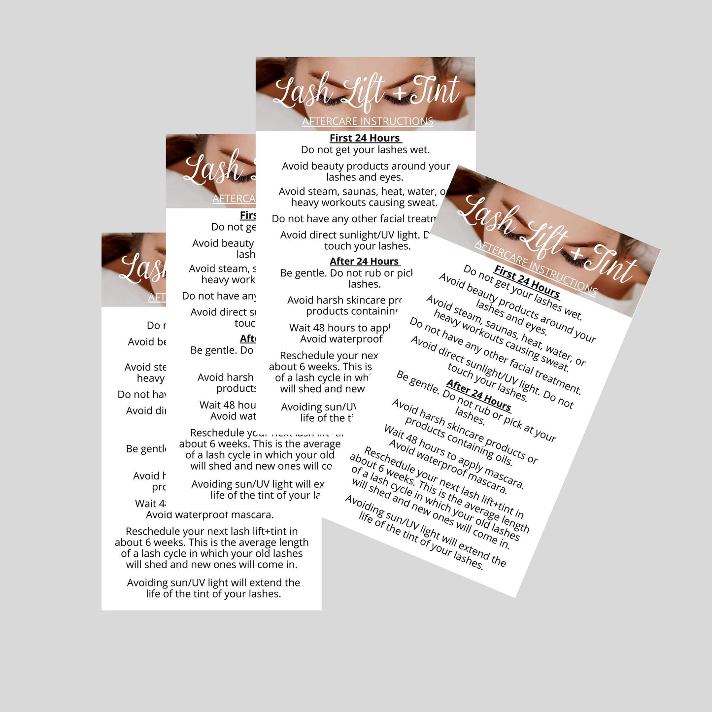 Lash Lift + Tint Aftercare Instruction Cards | 50 Pack | 2 x 3.5” inches Business Card Single Side | Eyelash Lift and Tint Kit at home diy aftercare