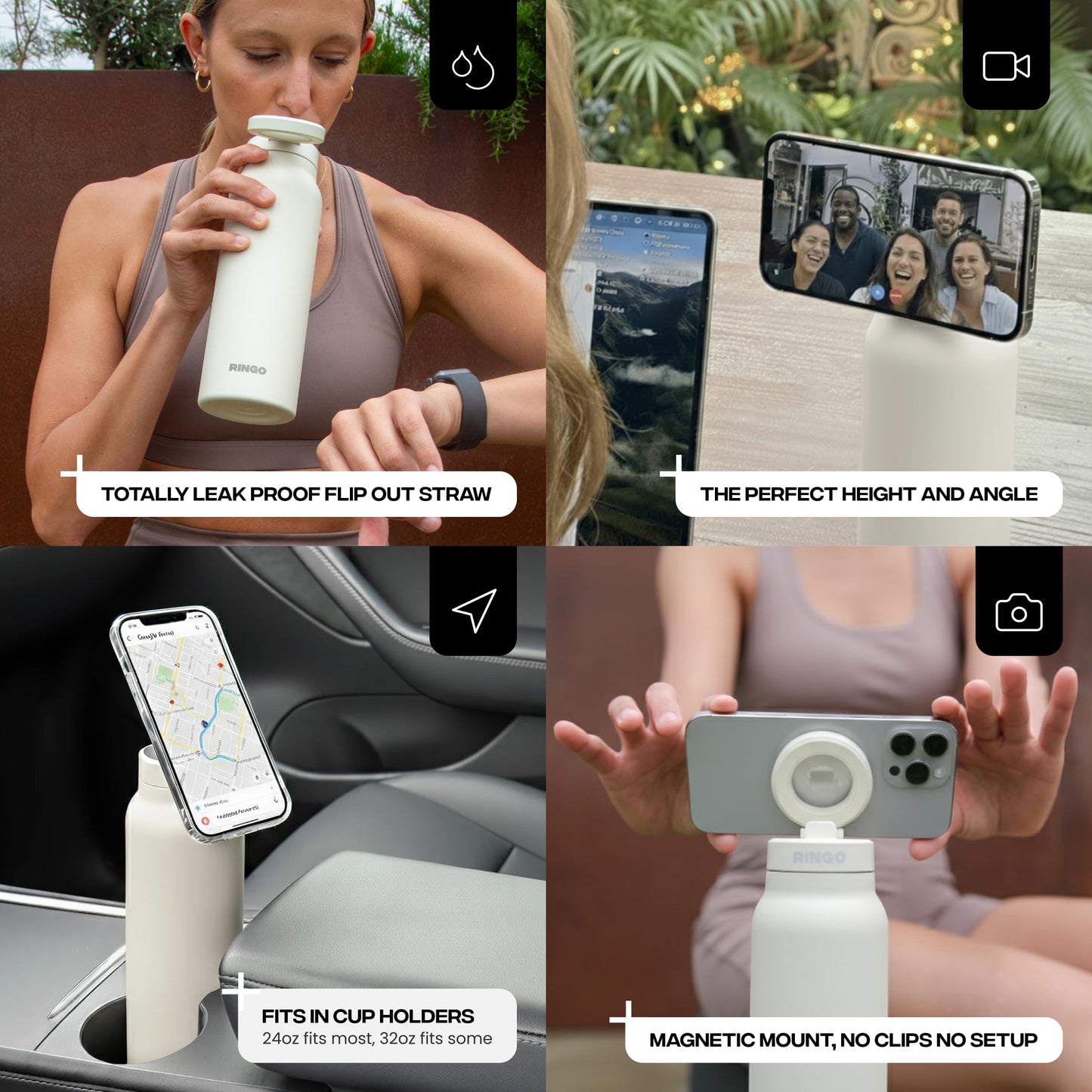 Ringo PRO Water Bottle with Magnetic Phone Mount & Sip Straw Lid - Insulated Stainless Steel Bottle for Workouts, Content Creation, Navigation