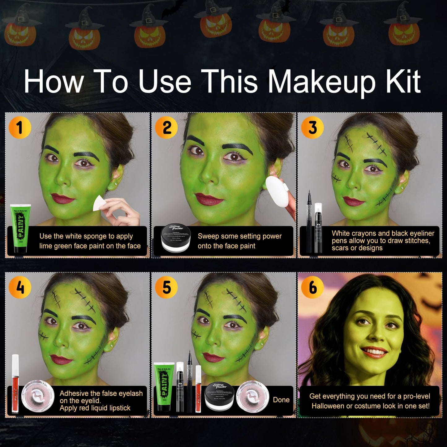 Halloween Witch Makeup Set, Includes Green Face Body Paint, Black Eyeliner, False Eyelashes, Red Lipstick, Setting Powder, Sponge - SFX Face Painting