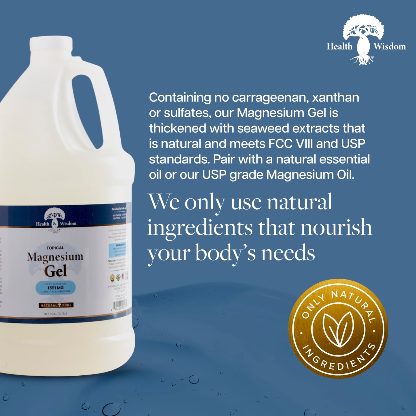 Health & Wisdom Pure Magnesium Gel with Seaweed Extract - USP Grade Topical Muscle & Joint Relief- Natural and Pure Skin & Scalp Moisturizing