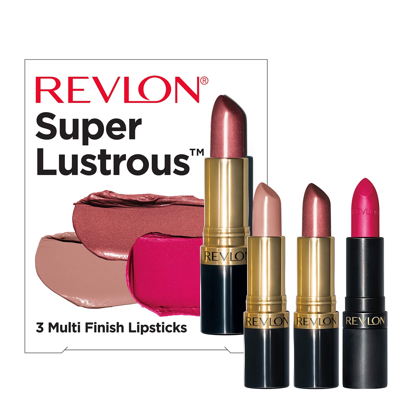 Revlon Super Lustrous 3-Piece Lipstick Gift Set, High Impact, Multi-Finish in Cream, Pearl & Matte, 755 Bare It All (Cream), 610 Gold Pearl Plum
