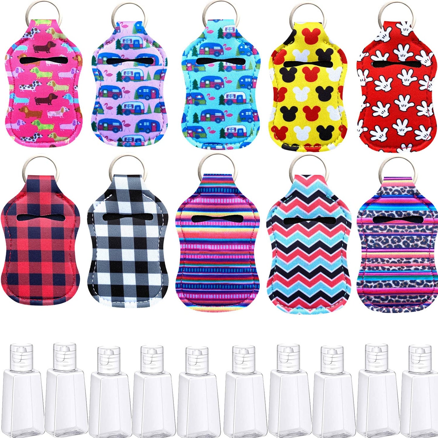 PUEZOKLY 40pcs Travel Bottles Key chain Set with Wristlet Chapstick Holders keychain Hand Sanitizer Holder Keychain with Empty Bottles