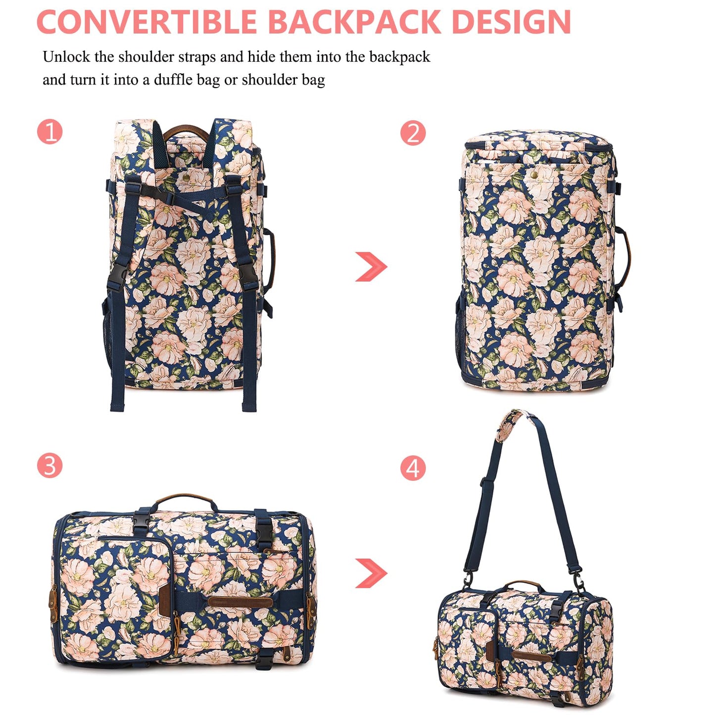 G-FAVOR Travel Backpack for Women, 40L Carry On Backpack Flight Approved Convertible Duffel Bag Backpack Fit for 17.3 Inch Laptop Bag, Floral