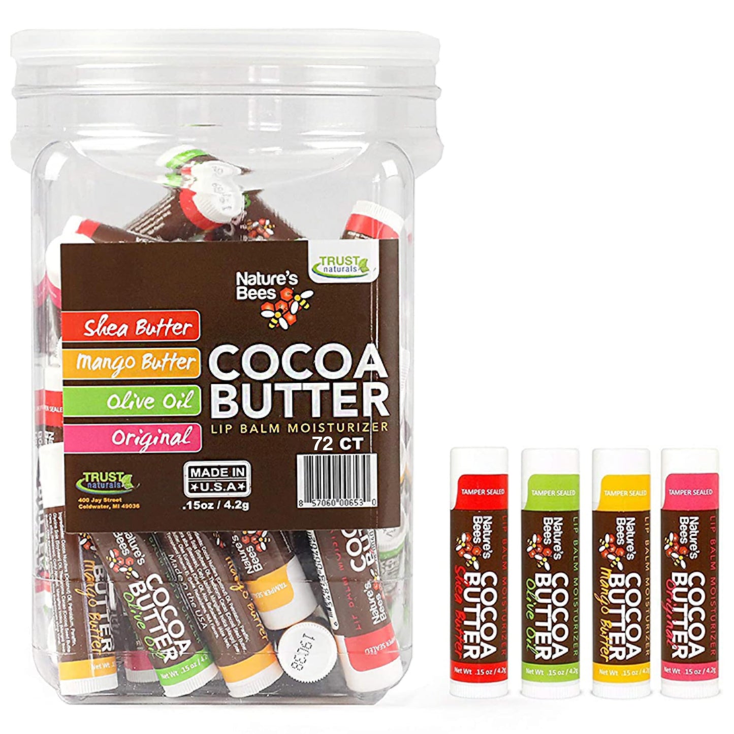 Nature's Bees, Cocoa Butter Lip Balms, Lip Moisturizer Treatment - Pack of 72, (Original Variety Assortments - Original, Olive Oil, Mango Butter, Shea