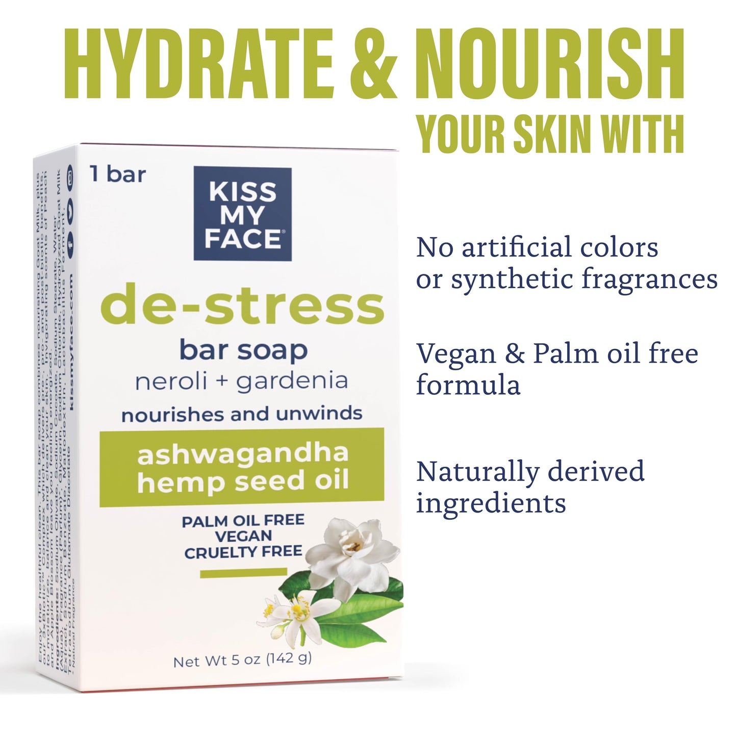 Kiss My Face De-Stress Bar Soap - Neroli + Gardenia - Vegan Soap Bar with Hemp Seed Oil - Cruelty Free and Palm Oil Free Bath Soap (Neroli + Gardenia