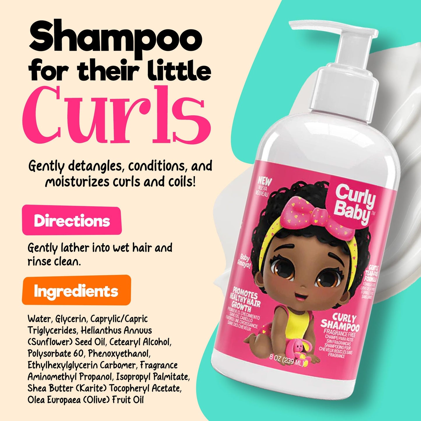 CurlyBaby Baby Girls Curly Hair Bundle - Tear-Free Curly Shampoo, Detangling Conditioner & Moisturizing Smoothie - Gentle, Hypoallergenic