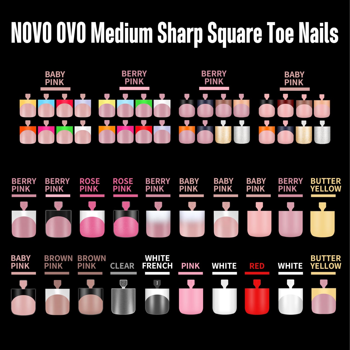 NOVO OVO Butter Yellow French Tip Berry Pink Shade & Pure Color Mix Toe Nail Tips Press on, Sharp Square Pre-Designed Soft Gel Acrylic Long/Medium Beauty and Personal Care NOVO OVO