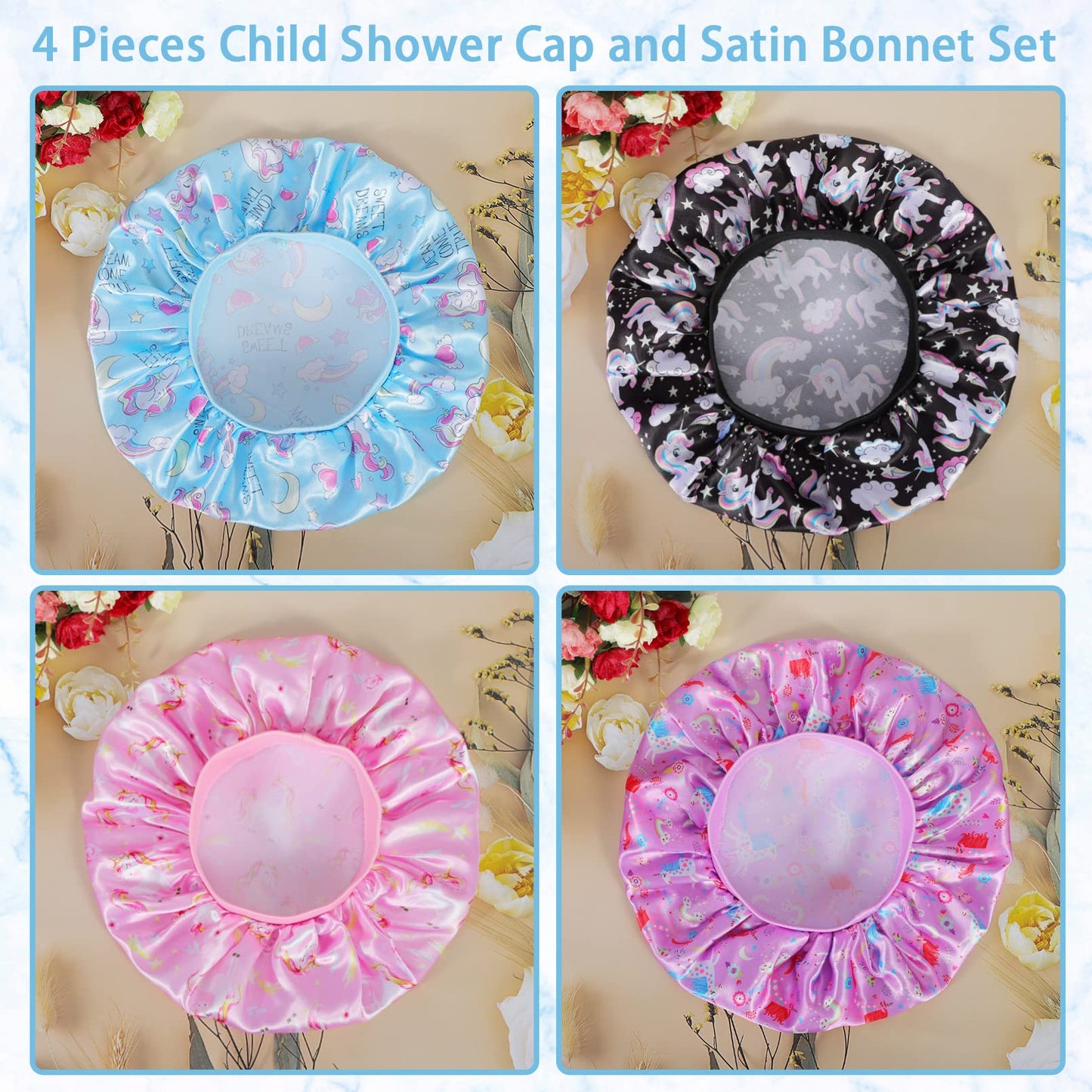4 PCS Kids Satin Bonnet Child Sleeping Cap,Soft Silk Bonnet Elastic Wide Band,Breathable Baby Bonnets Night Sleep Caps,Colorful Night Hats for Girls