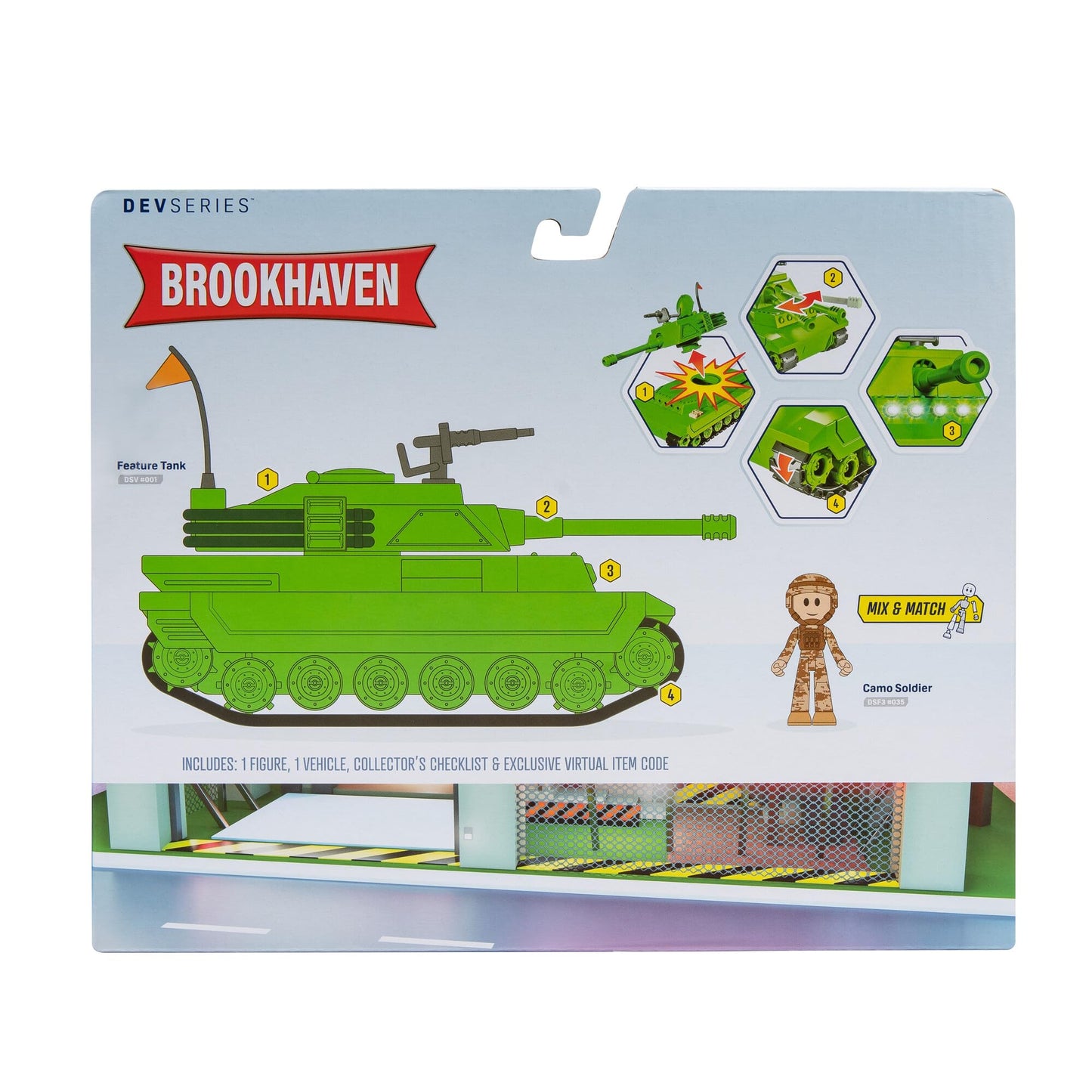 DevSeries Brookhaven Feature Tank - 7.5-Inch Vehicle with Lights, Working Treads, Ejecting Turret, 2.75-Inch Figure, and Exclusive Virtual Item Code