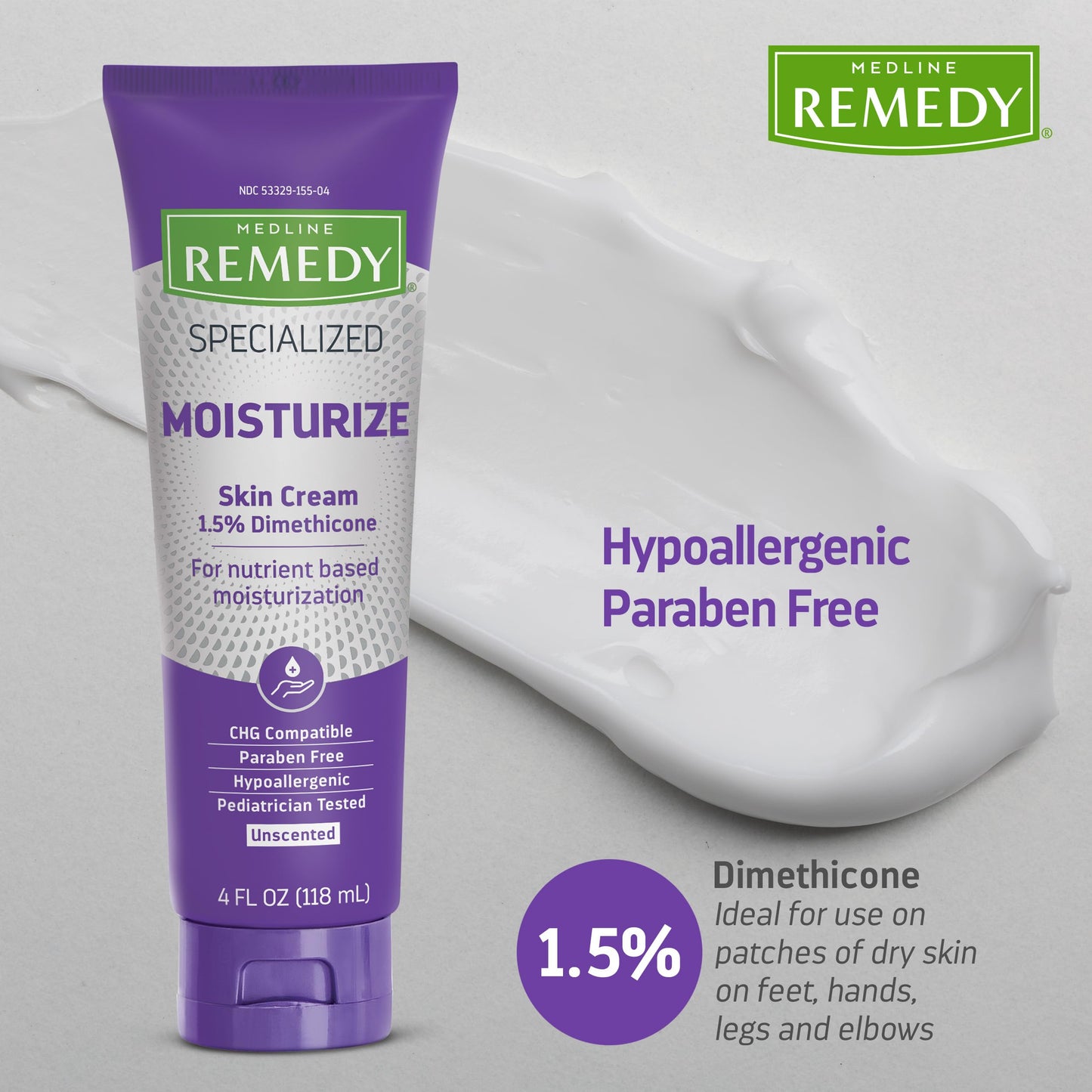 Medline Remedy Specialized Skin Cream, Unscented (4 fl oz), 1.5% Dimethicone, Nourishing Moisturizer for Dry Skin, Paraben-free, and Hypoallergenic