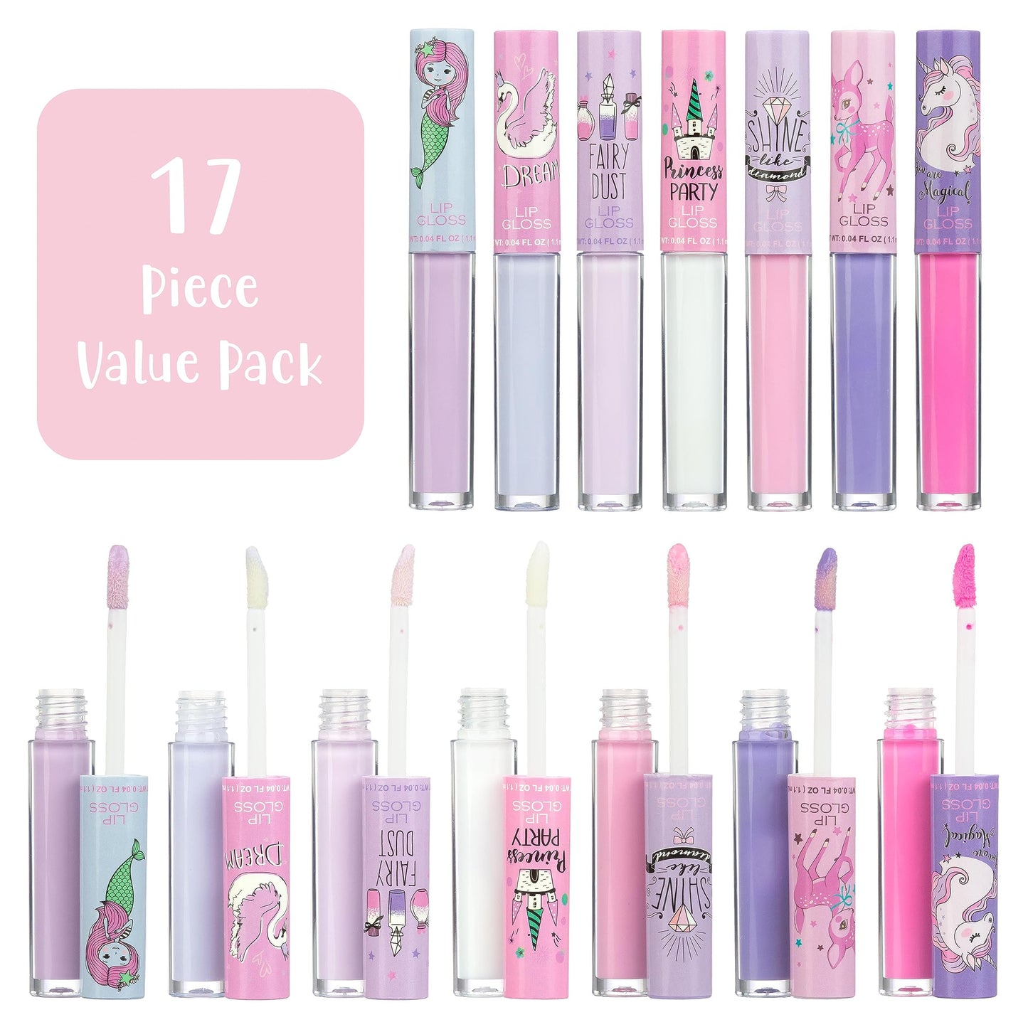 EXPRESSIONS 14pc Lip Gloss for Girls - Glossy Lip Gloss Tubes | Non Toxic Lip Gloss Set - Unicorn Princess Birthday Party Favors Kids Makeup