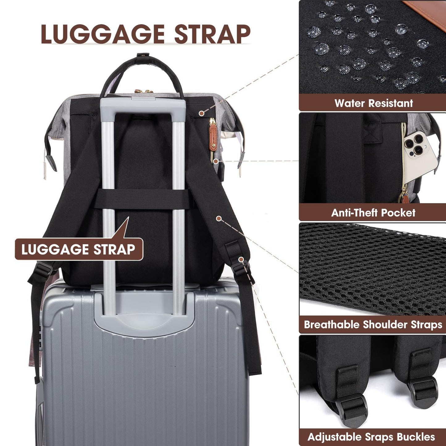 Focdod Women Laptop Backpack Work Bag: 17 inch Travel Computer Backpacks for Nurse Teacher Waterproof College Bookbag with USB Charger Anti-theft Casual Business Backpack Purse Black Grey Brown