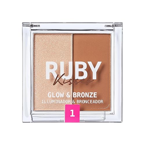 Ruby Kisses Glow & Bronze Highlighter/Bronzer Duo, 2 -in-1 Gel to Powder Illuminating Highlight + Silky Matte Bronzer, Contour & Sculpt for Luminous