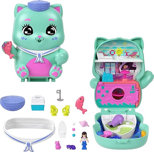 Polly Pocket Dolls and Playset, Set Sail Kitty Compact, Travel Toy with 1 Micro Doll, Pet Cats, Food & Fashion Styling Accessories