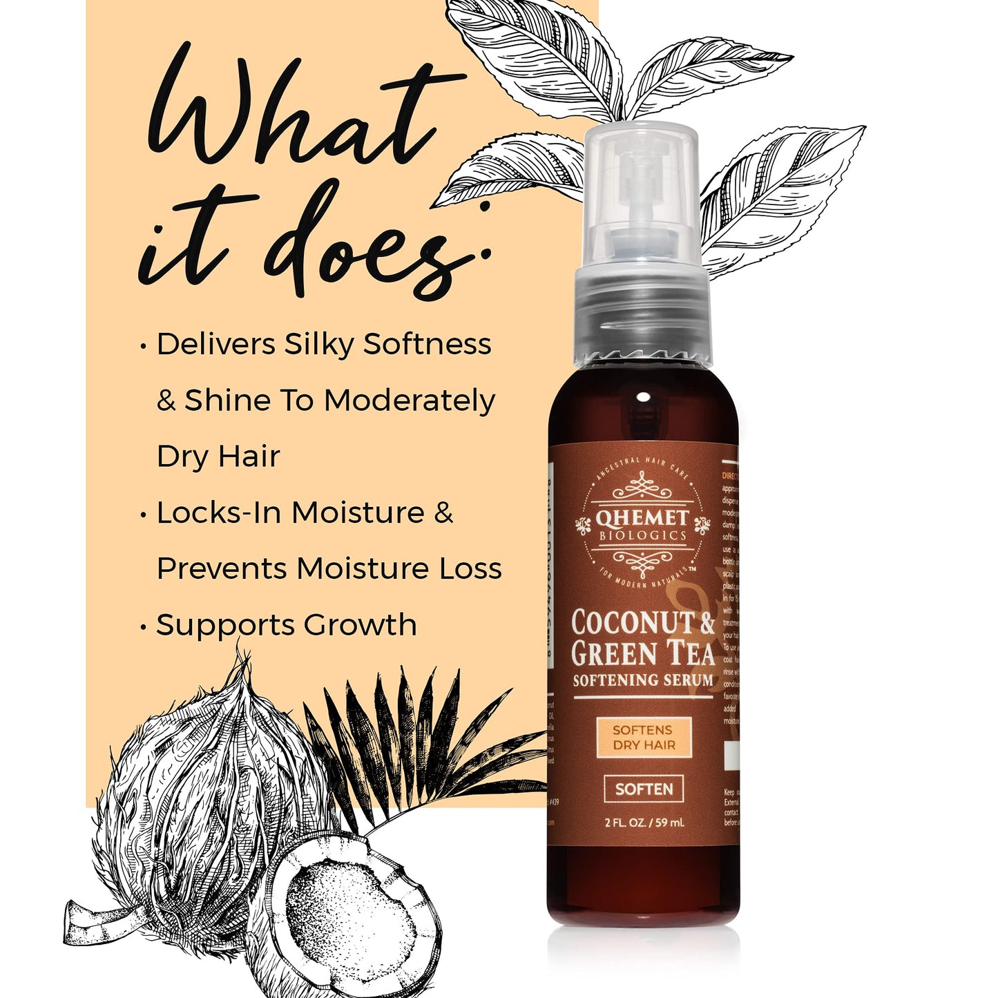 Qhemet Biologics Coconut & Green Tea Softening Serum - Lightweight Hair Serum to Soften, Smooth & Revitalize Dry Hair - Adds Slip and Shine to Thin