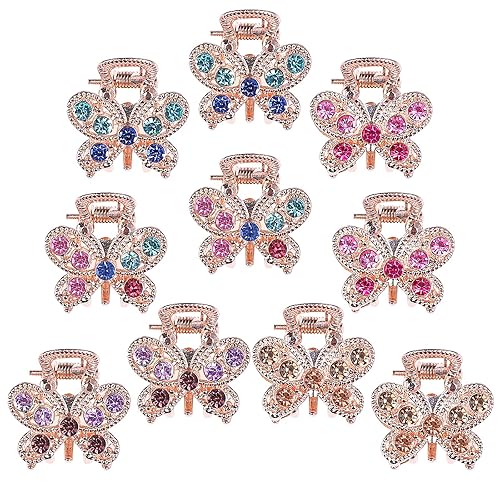 QXUJI 10PCS Rhinestone Hair Claw Jaw Clips, Crystal Metal No-slip Hair Grip Clamps, Mini Butterfly Bangs Clip Bow Hair Claw Gripper, for Women Girls