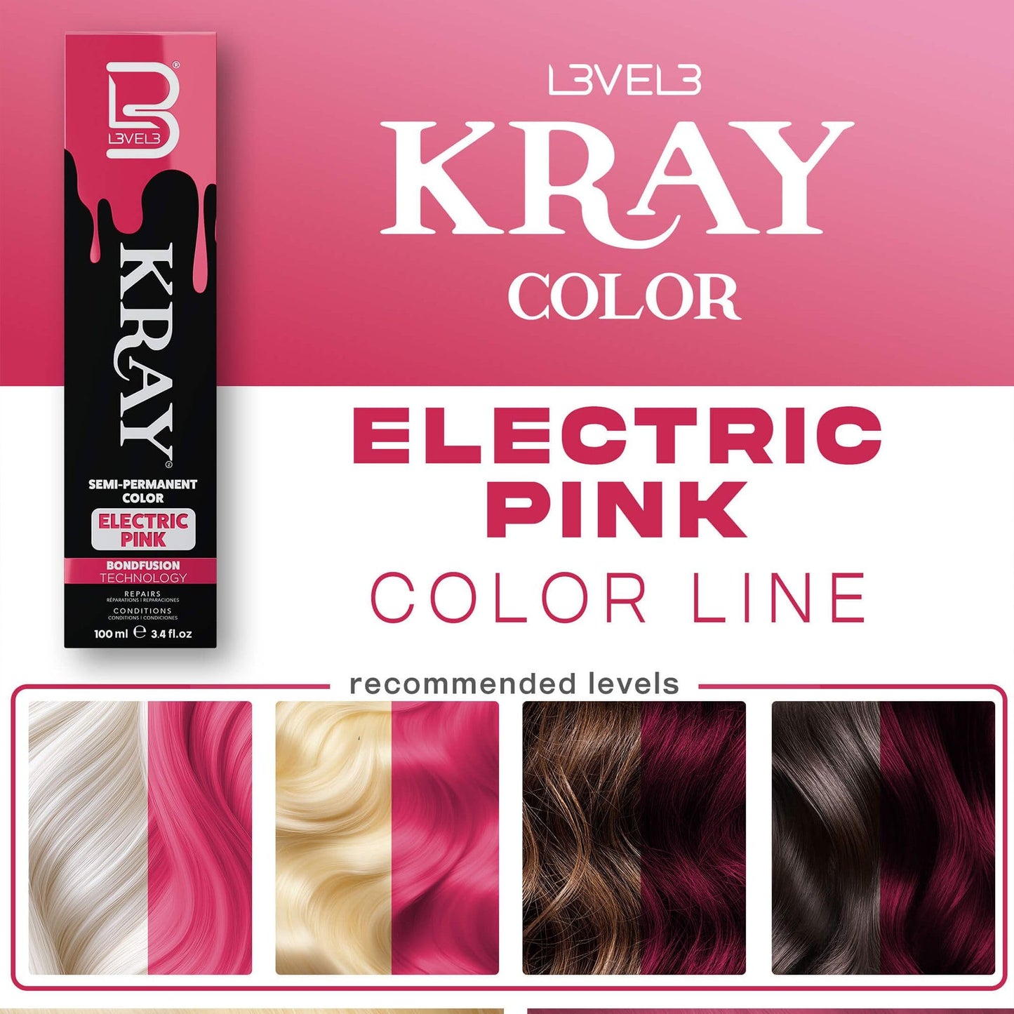 L3 - Level 3 Electric Semi Permanent Hair Color - Vibrant Long Lasting Shine - Argan Oil Protection - 100 ml - Electric Pink