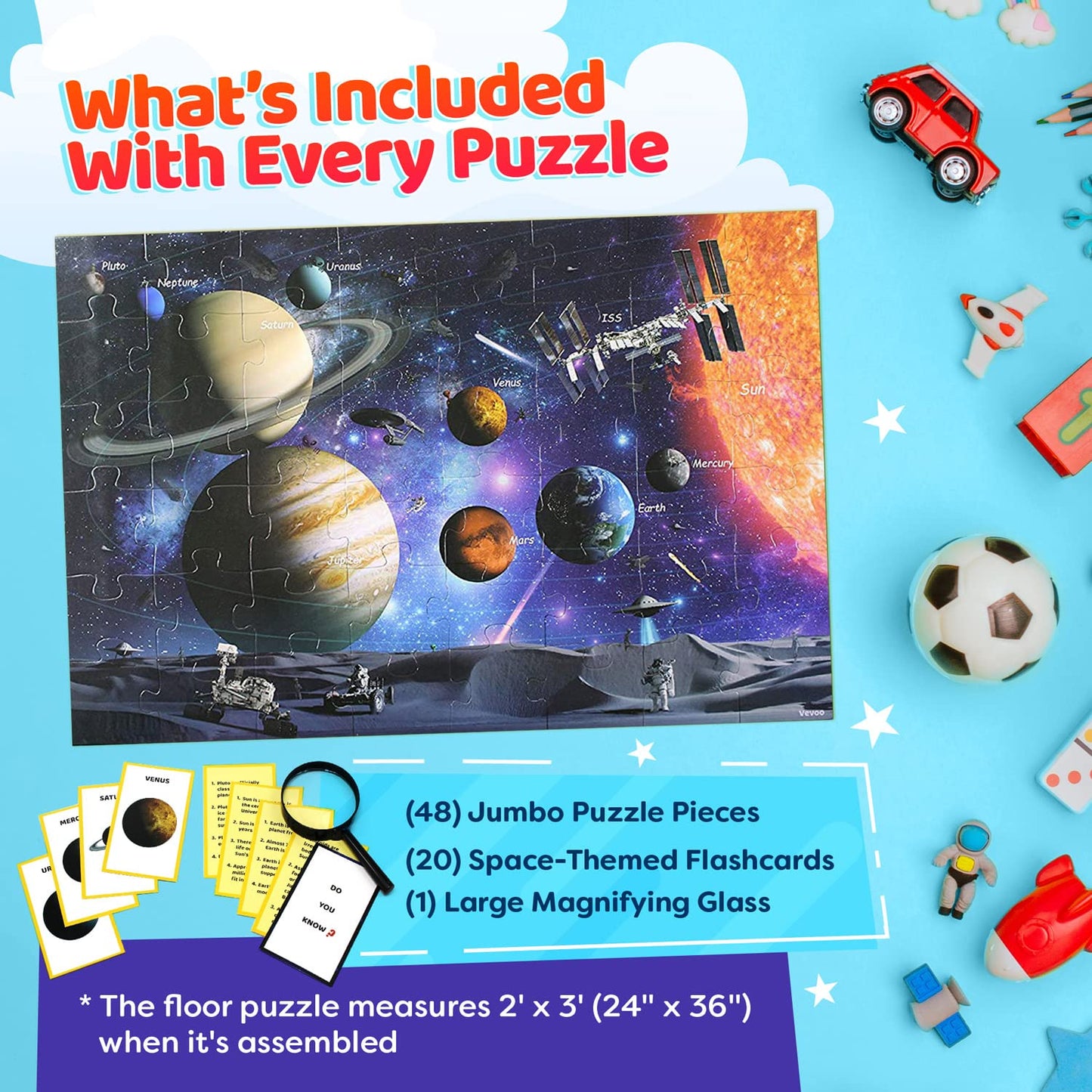 Solar System Spy Puzzle – 48 Piece Space Floor Puzzle with Flashcards & Magnifying Glass, 2ft x 3ft Educational Puzzle for Kids Ages 4-8
