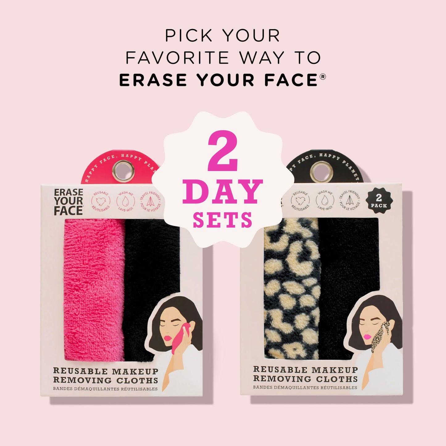 ERASE YOUR FACE Reusable Makeup Remover Cloths - Microfiber Face Towels to Cleanse & Remove Makeup - Water Activated for Sensitive Skin - Pink & Black