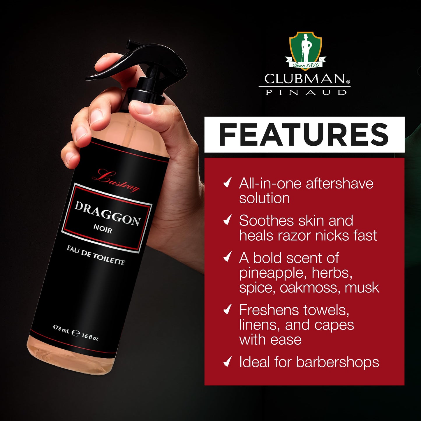 Clubman Lustray Draggon Noir Barber After Shave Spray Cologne - Eau de Toilette, Classic Aftershave Cologne, 16 fl oz