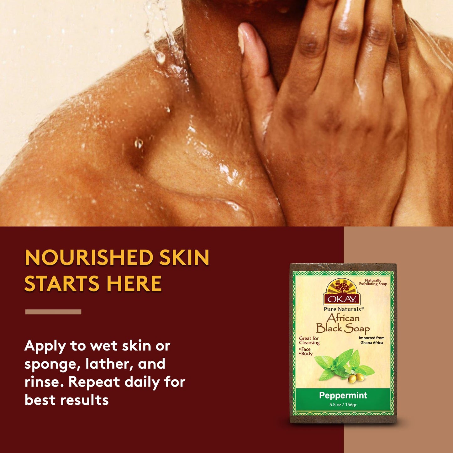 OKAY | African Black Soap with Peppermint | For All Skin Types | Cleanses and Exfoliates | Nourishes and Heals | Free of Sulfate, Silicone & Paraben |