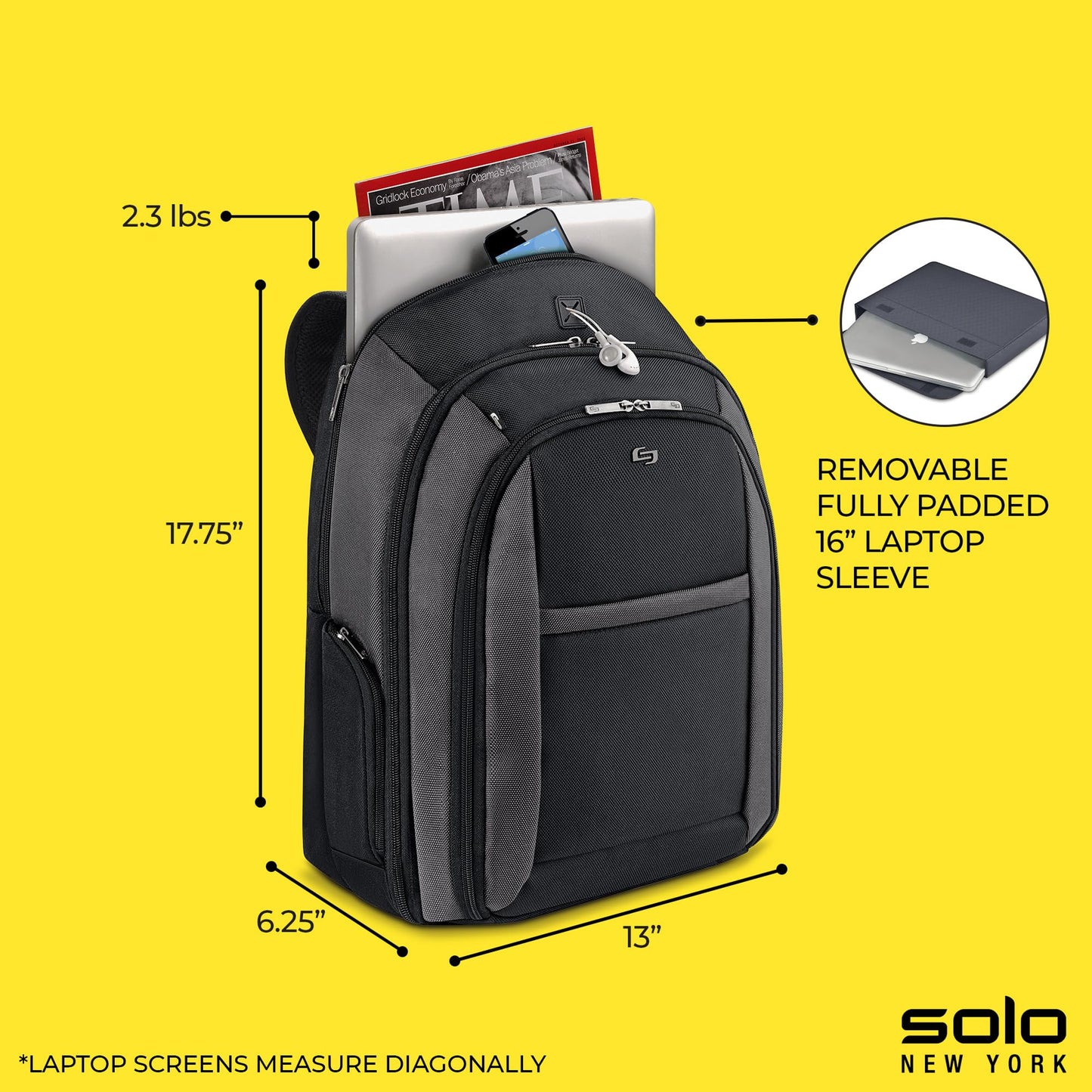 Solo New York Laptop Backpack for Women & Men -Carry On Bookbag for Travel & Work, Lightweight Bag, Removable Laptop Sleeve, Padded Straps, Fits 16" Computer - Metropolitan, Black & Grey