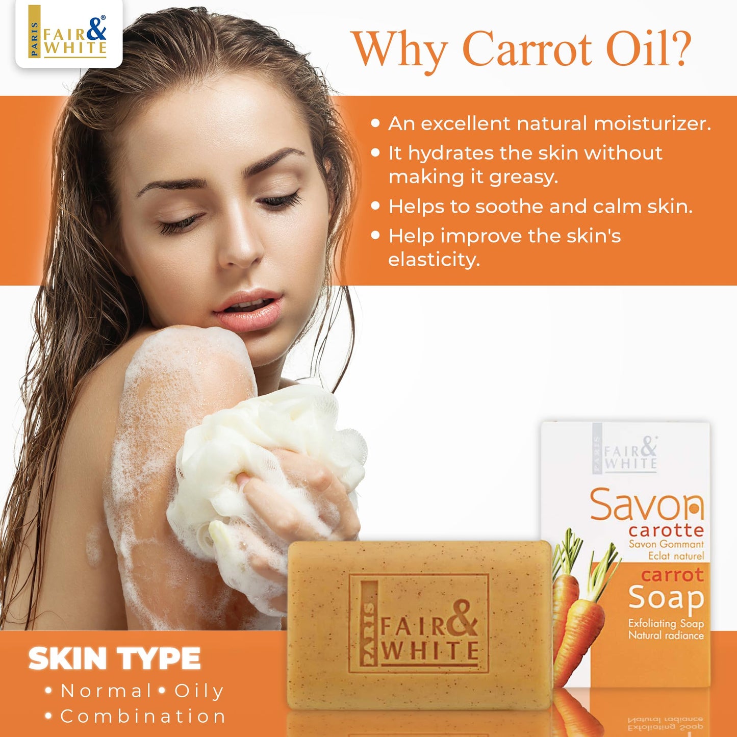FAIR & WHITE Original Exfoliating Soap - Repairing & Nourishing, 200g / 7oz with Carrot Oil