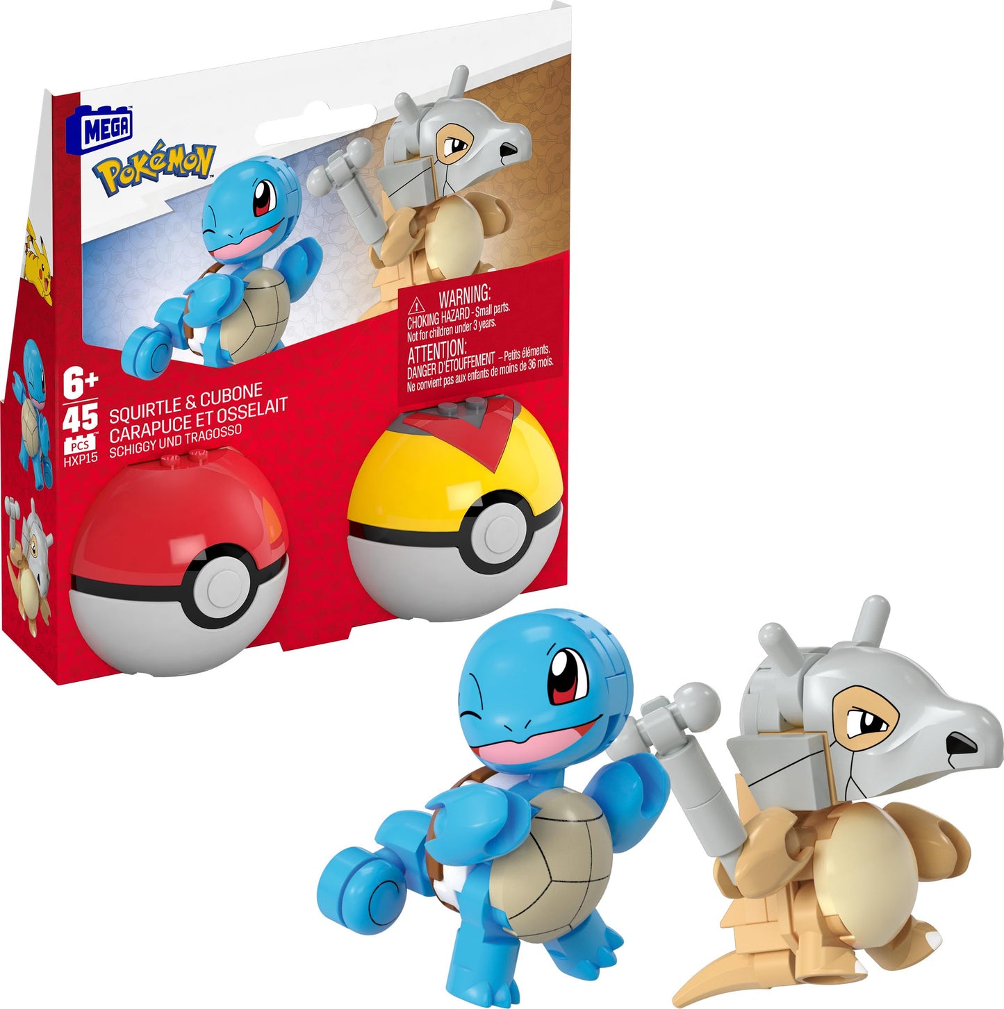 MEGA Pokémon Building Toys Set Squirtle & Cubone with 45 Pieces, 2 Poseable Characters and Poké Ball, 2 Inches Tall, for Kids