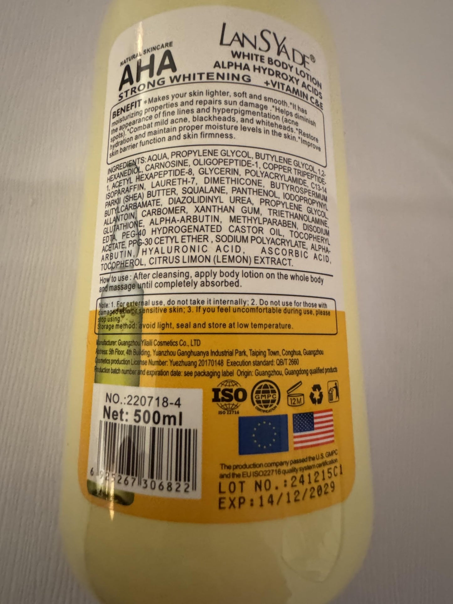 LanSYade AHA Body Lotion with Vitamin C&E, 500ml
