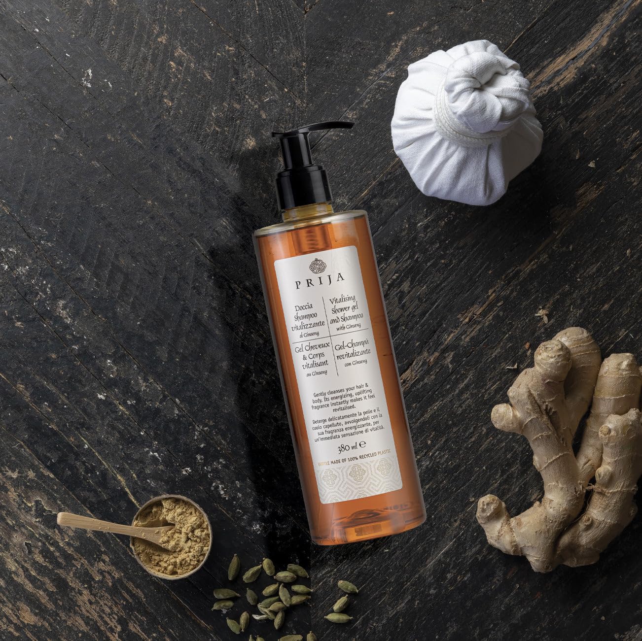 Prija Vitalizing Shower Gel & Shampoo with Ginseng (12.84 fl oz) - Toning and Revitalizing - Vegan Friendly - Dermatologically Tested - Made with 100%