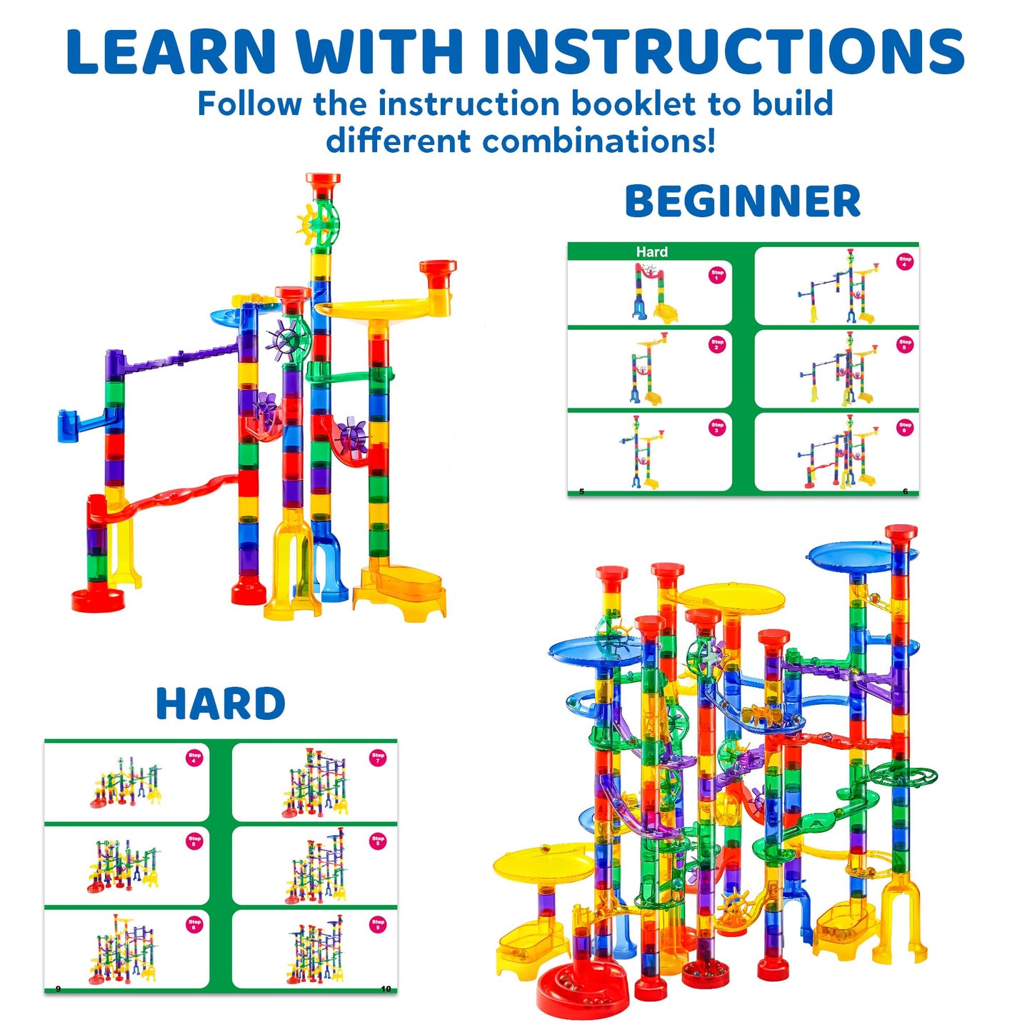 JOYIN 207pcs Glowing Marble Run – STEM Building Blocks Toy with 5 Glow-in-the-Dark Glass Marbles, Educational Construction Set for Kids