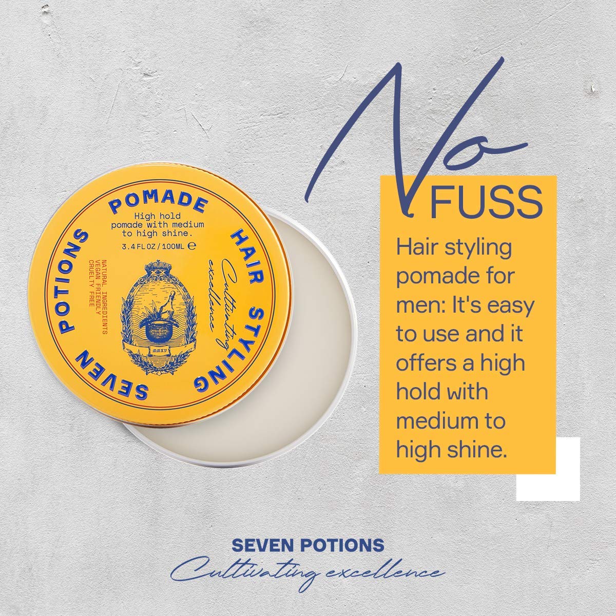 SEVEN POTIONS Men’s Hair Pomade - High Shine, High Hold, Water-Based - Barber-Grade Styling for Slick Back, Pompadour & Side Part - Natural, Vegan