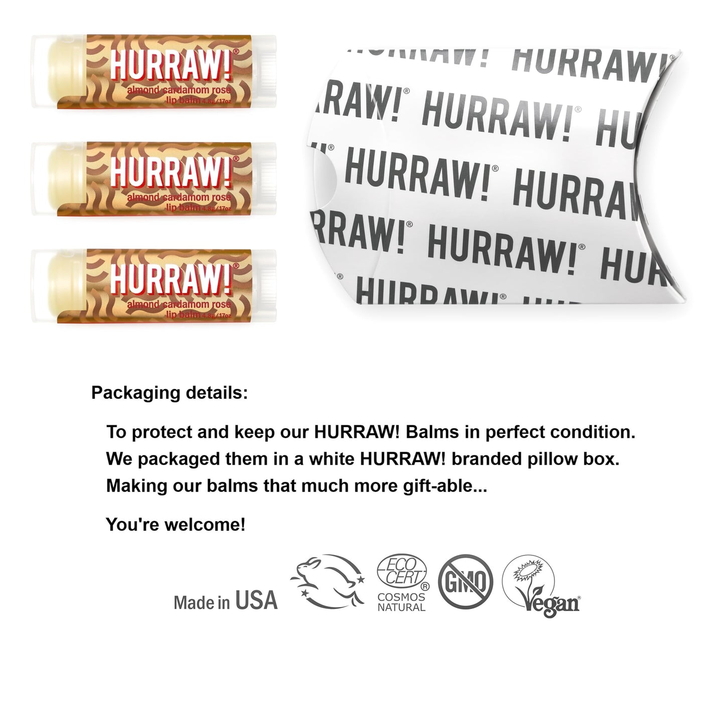 Hurraw! Almond, Cardamom, Rose (Vata) Lip Balm, 3 Pack: Organic, Certified Vegan, Cruelty and Gluten Free. Non-GMO, 100% Natural Ingredients. Bee