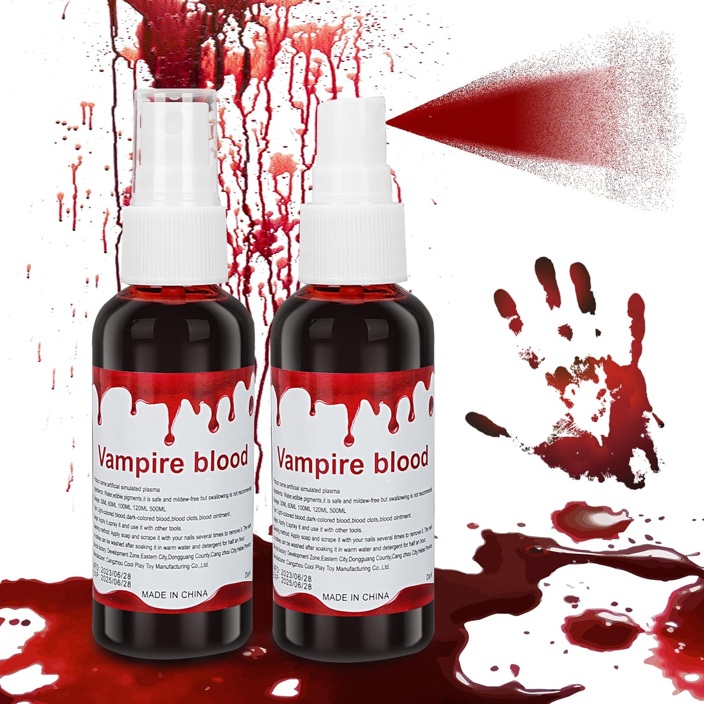 2 PACK Blood Splatter Fake Blood Washable,Halloween Fake Blood Spray Eye Blood Drops Body Paint,Fake Blood for Clothes and Zombie Monster Vampire