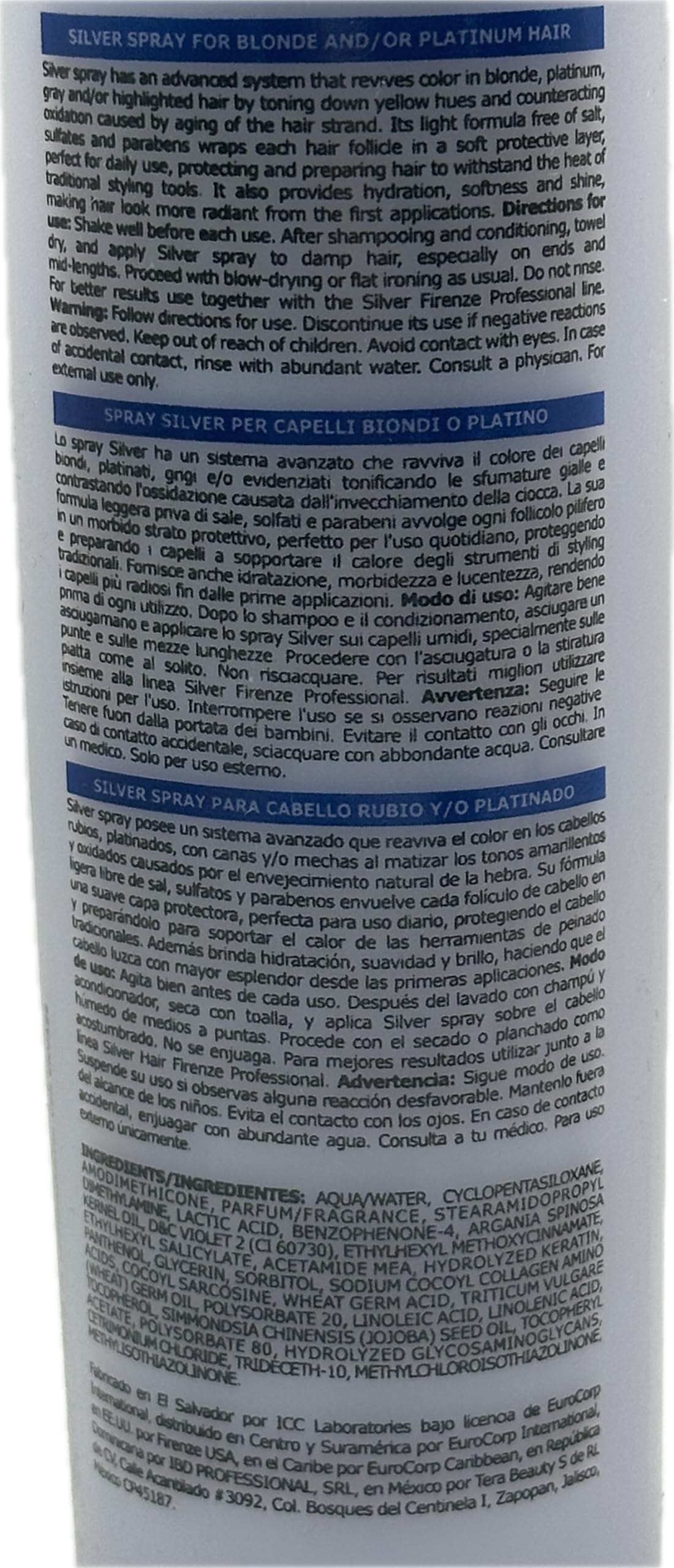 Firenze Professional Silver Hair Shampoo 10.1 oz, Conditioner10.1 oz, Mask Treatment 13.5 oz + SIlver Hair Protein Spray 10.1 fl oz Free Lip Gloss