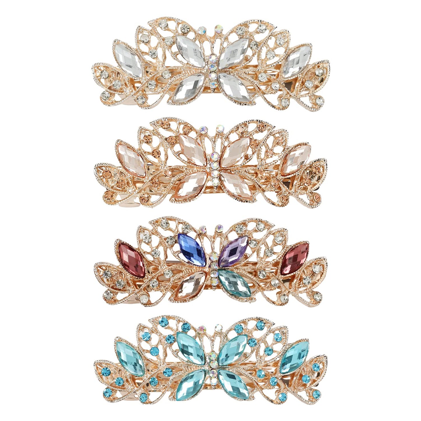 Lawie 4 Pack Luxury Butterfly Jeweled Crystal Rhinestone Glitter Sparkly Metal Hair Barrettes Snap Clips Hairpins Hairgrip Thin Thick Bun Twist Holder