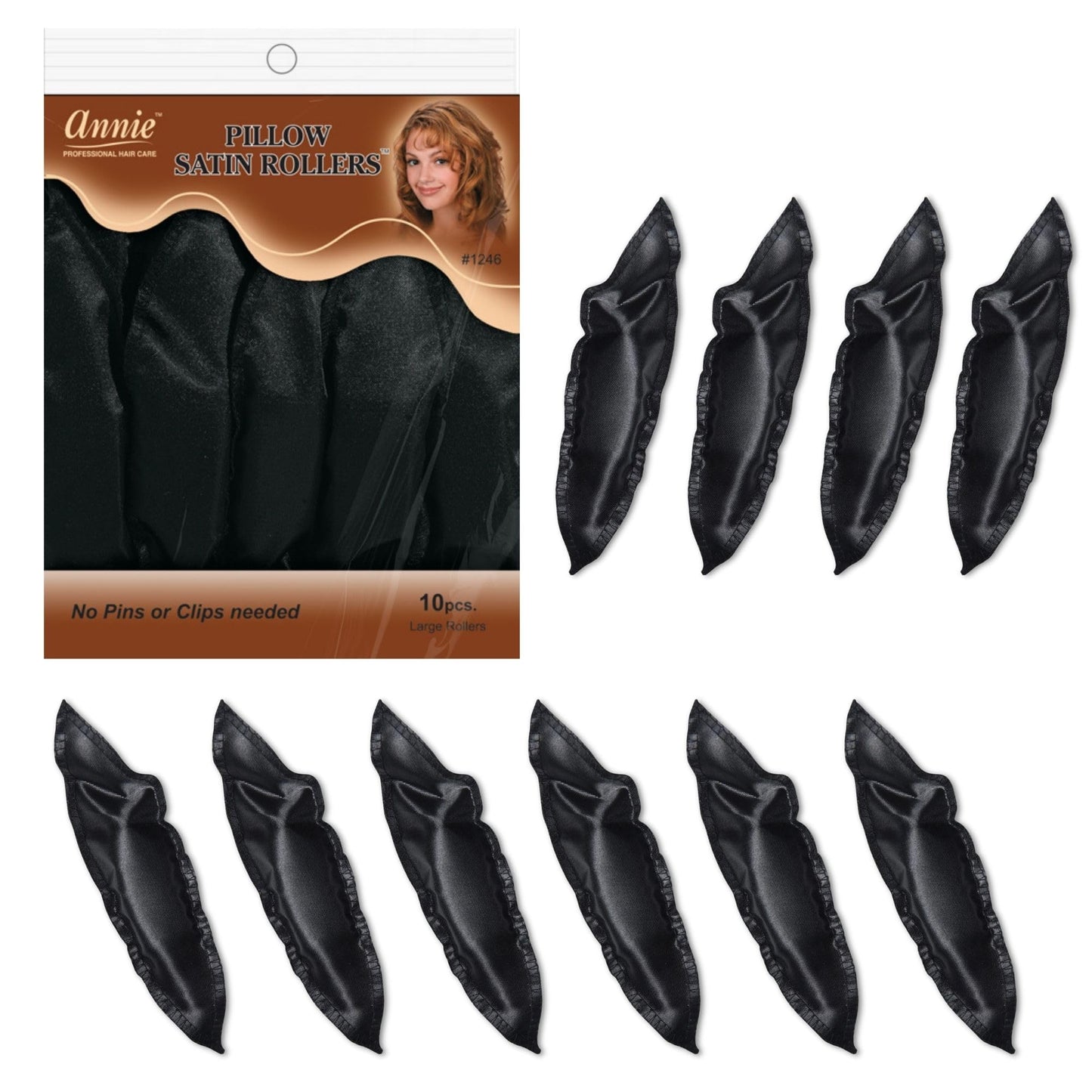 Annie Pillow Satin Rollers: 10Pcs Heatless Roller Set (Black)